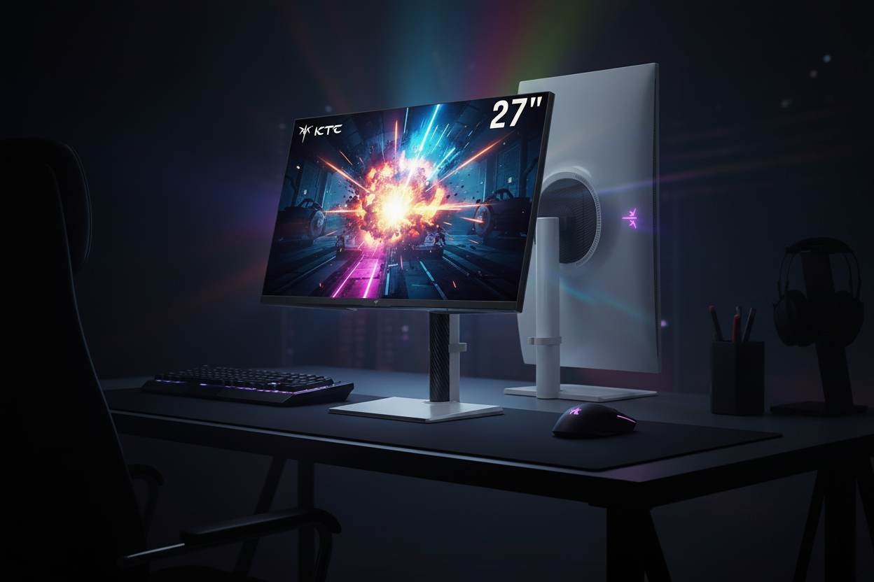 A sleek 27-inch gaming monitor in a dark studio setting, displaying a high-contrast HDR scene with vibrant explosions and deep, true blacks.
