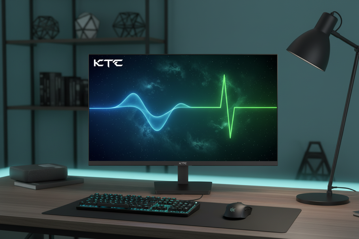A scientific visualization comparing a smooth, continuous DC light wave with a sharp, pulsing PWM wave against a blurred gaming setup background.