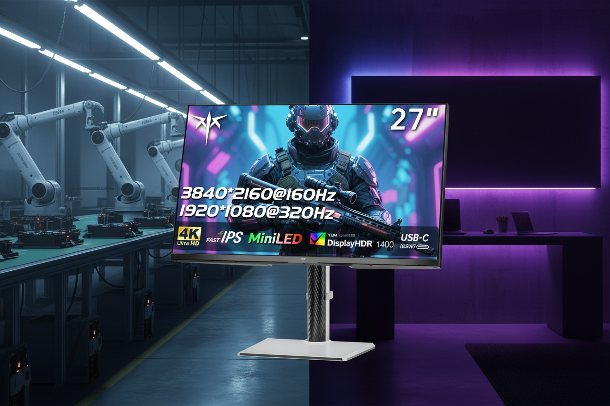 A high-performance gaming monitor shown in a dramatic reveal, transitioning from a clean industrial factory backdrop to a sleek home gaming setup.