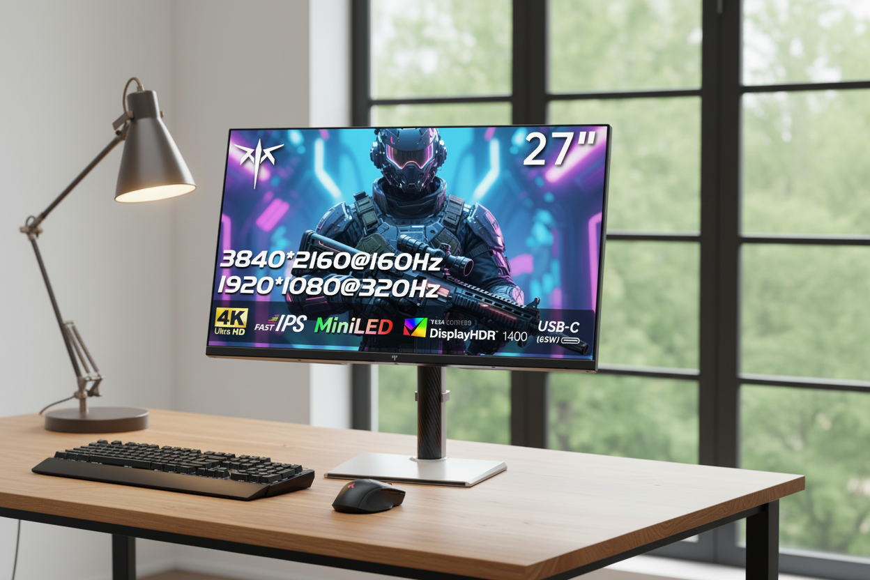 A premium high-end computer monitor on a clean, modern desk in a home office with soft ambient lighting, showing a balanced and ergonomic screen brightness.