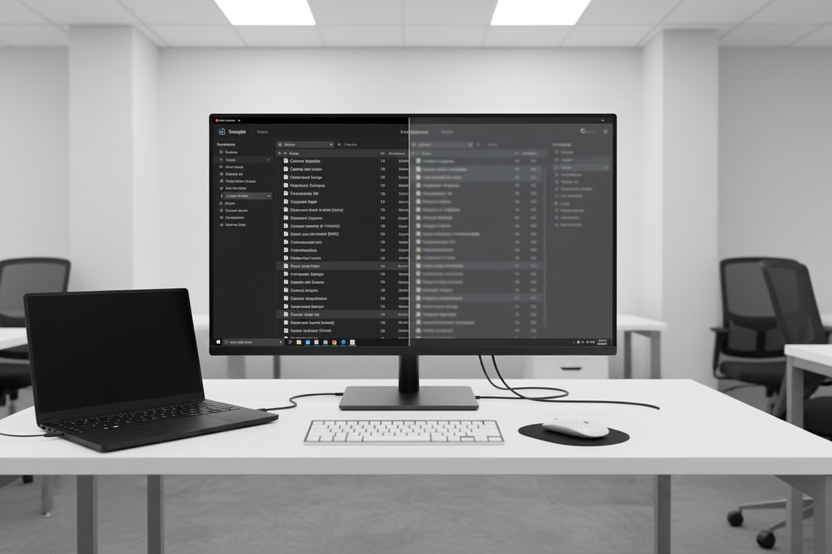 A comparison showing a high-resolution monitor with sharp text on one side and blurred text on the other in a professional office setup.