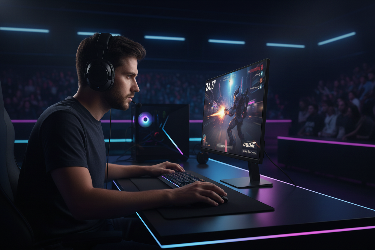 A professional esports player in a profile view, intensely focused on a high-refresh-rate gaming monitor displaying smooth, fast-paced action in a competitive arena.