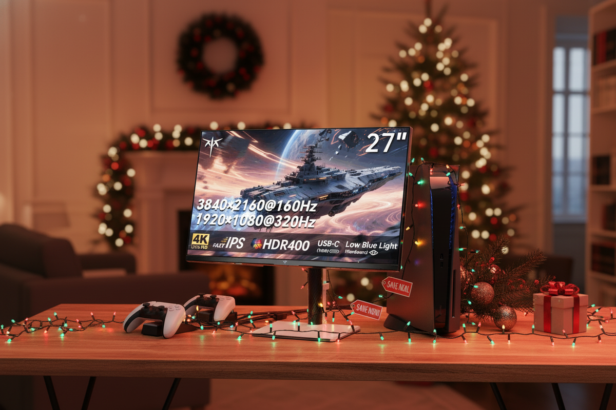 A festive holiday-themed budget gaming setup featuring a sleek monitor, a gaming console, and decorative holiday lights with sale price tags.