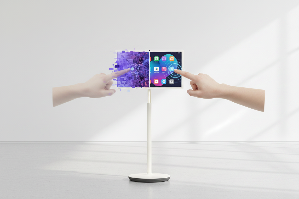 A split-screen comparison of a large portable smart touch monitor; the left side shows a glitchy interface with faded ghost touch indicators, while the right side shows a sharp, responsive screen being touched by a user.