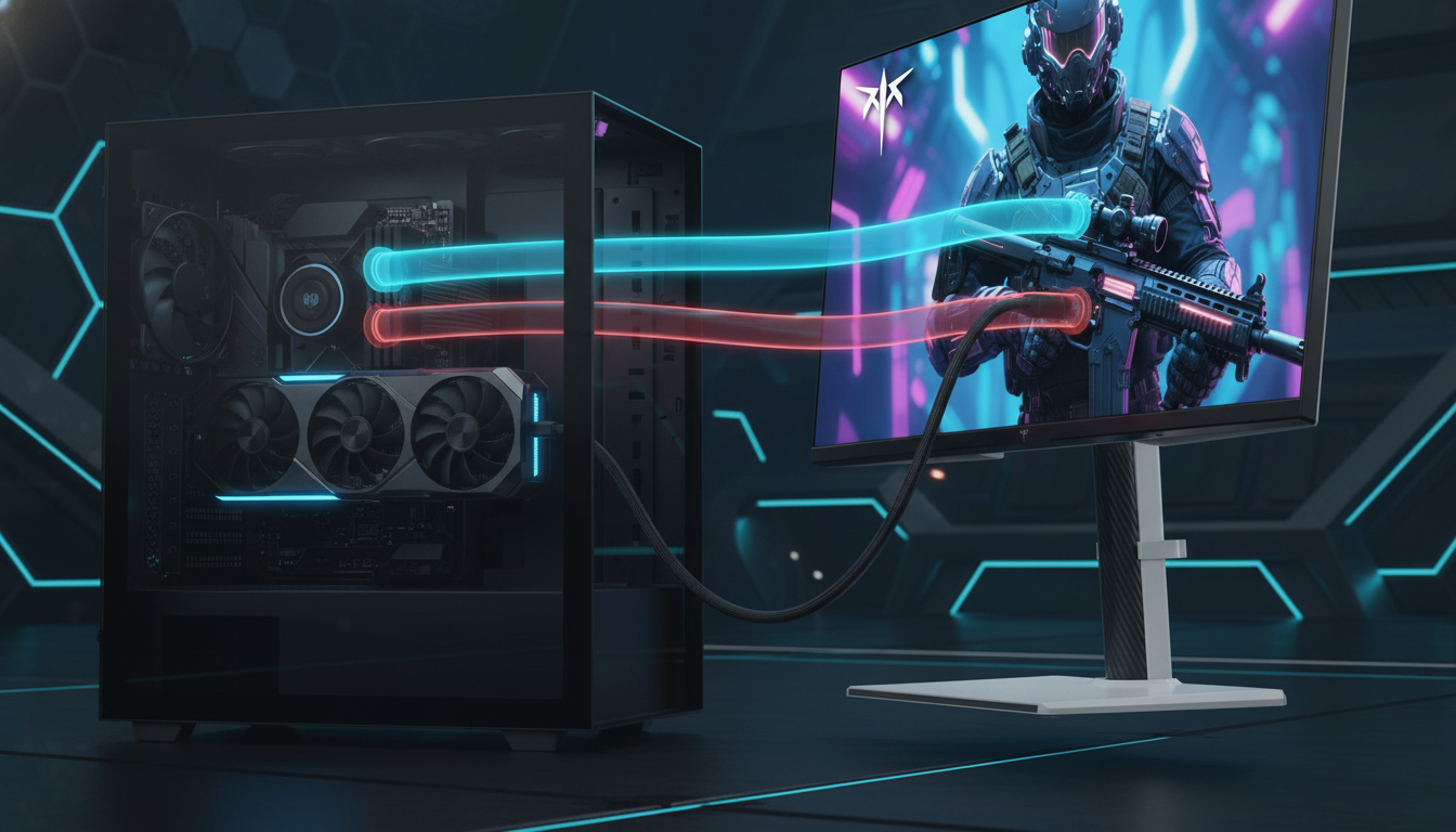 A high-end desktop graphics card installed in a modern PC case, connected to a premium gaming monitor with a glowing digital overlay illustrating high-speed data transmission through a DisplayPort cable in a futuristic gaming setup.