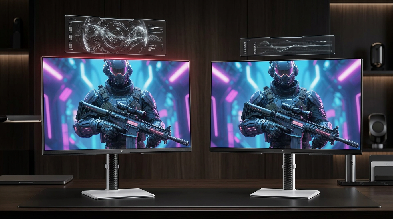 A dramatic side-by-side comparison of two identical high-end computer monitors on a minimalist desk, with holographic indicators showing a significant value difference and a subtle red glow overlaying the premium-branded unit.