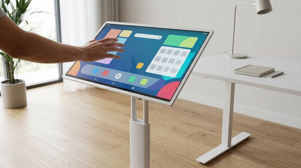 A sleek 27-inch smart touch monitor displaying a modern Android interface with the Google Play Store, positioned in a bright and professional home office setting.