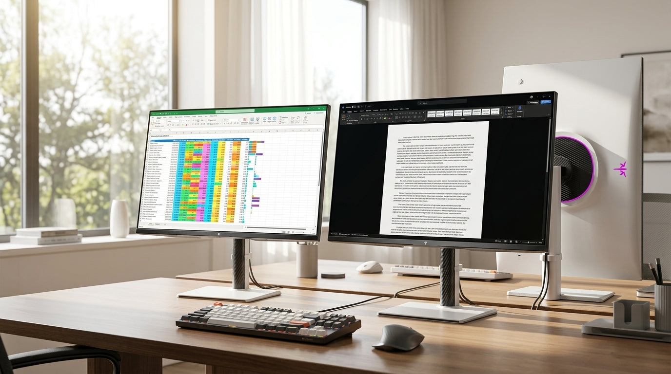 A side-by-side comparison of two professional monitors on a modern desk in a brightly lit room, one showing a spreadsheet and the other showing a text document.