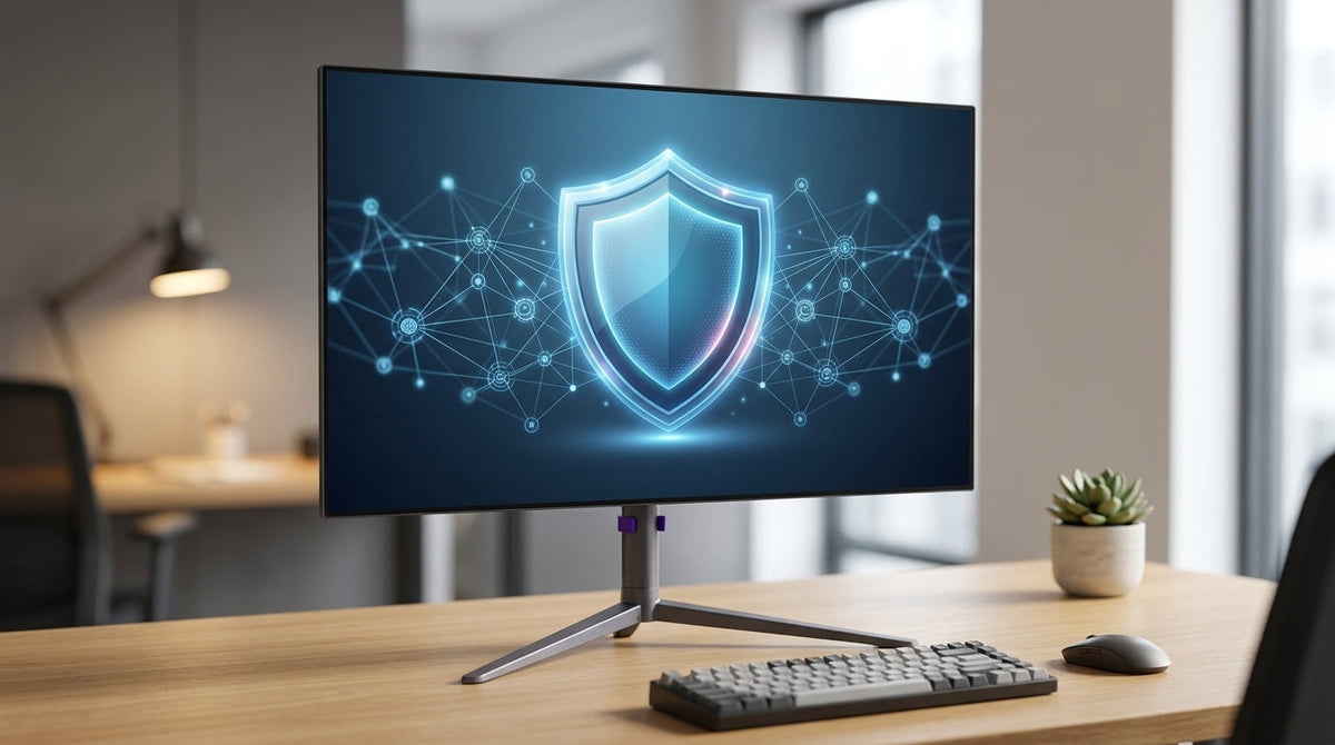 A modern computer monitor in a professional setting displaying a glowing shield icon, representing technical support and warranty protection.