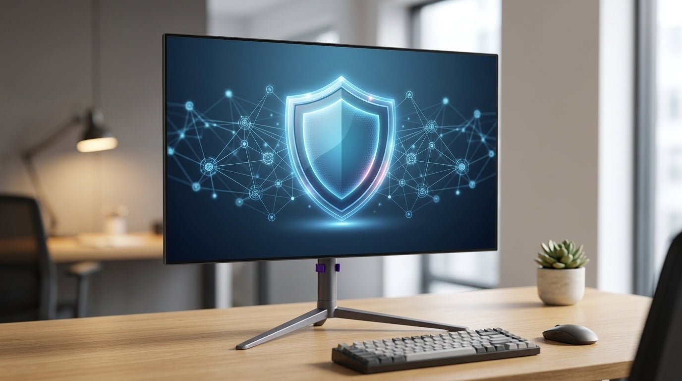 A modern computer monitor in a professional setting displaying a glowing shield icon, representing technical support and warranty protection.