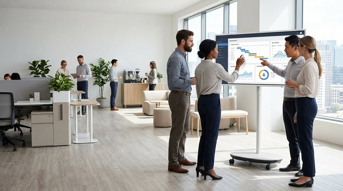 A group of professionals collaborating on a rolling 32-inch smart display in a modern open-office huddle area.
