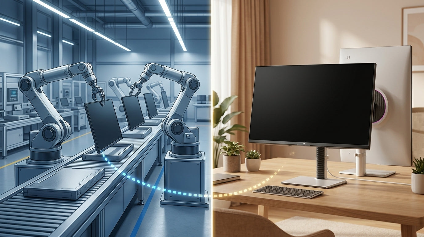 A conceptual illustration showing the vertical integration of monitor manufacturing, transitioning from a high-tech automated assembly line to a finished monitor on a professional desk.