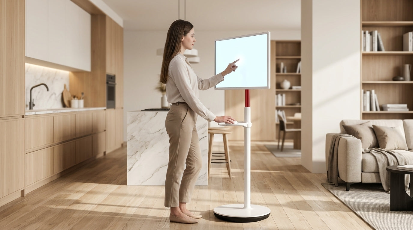A professional remote worker in a modern, sunlit apartment using a large rolling touchscreen monitor at eye level, showcasing an ergonomic and productive home office setup.