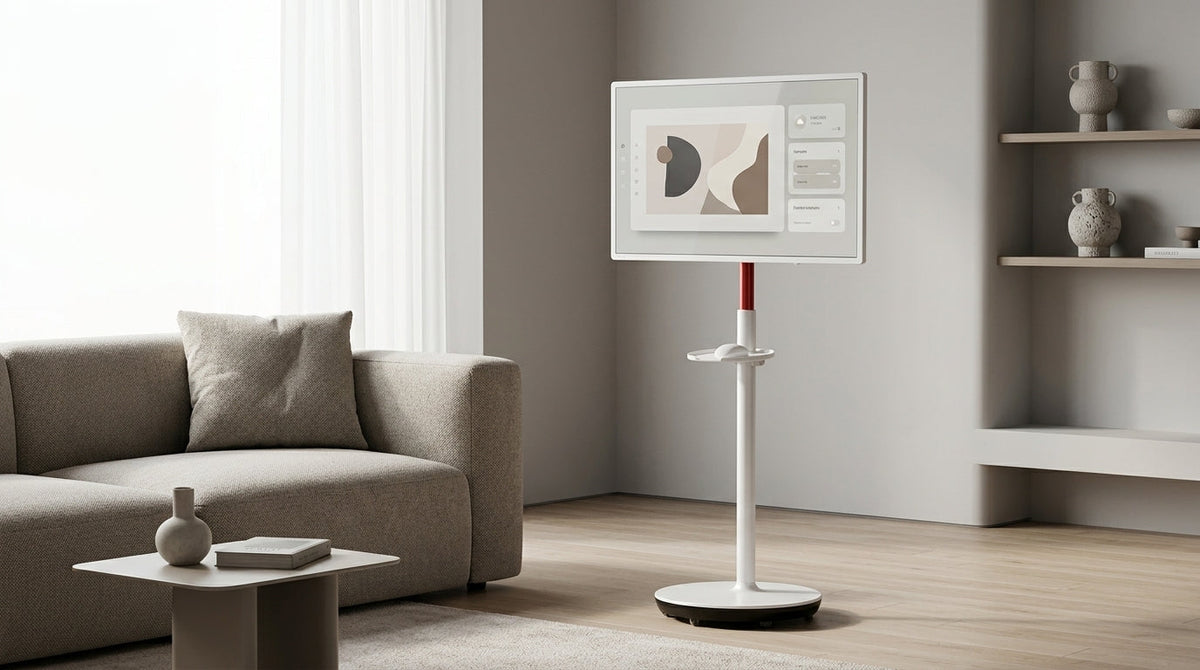 A 32-inch smart touch monitor on a sleek mobile stand with wheels, integrated into a minimalist living room as digital art, no visible cables during use.