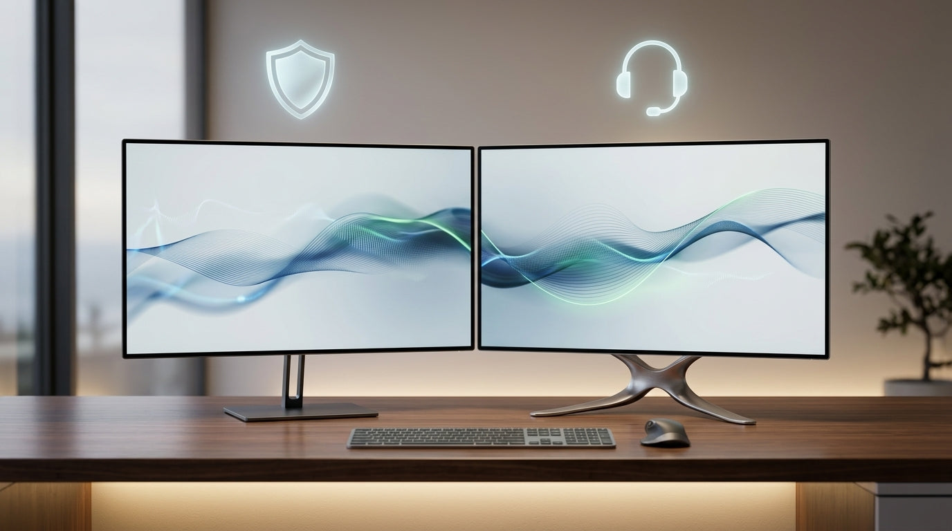 A side-by-side comparison of two sleek computer monitors on a minimalist 2026 desk setup, with subtle holographic icons representing warranty and technical support floating in the background.