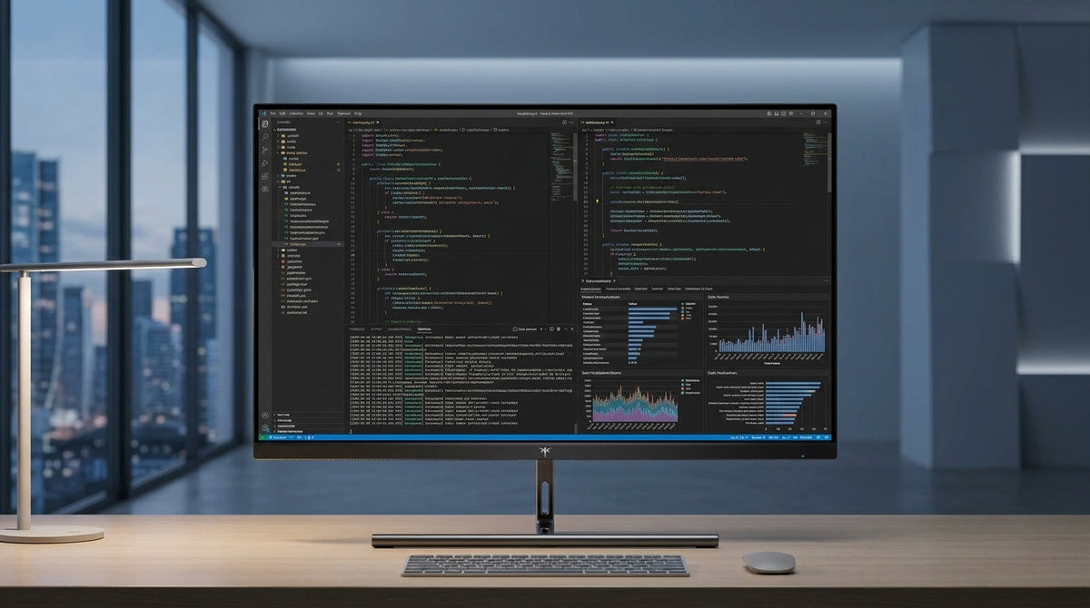 A professional AI developer workstation featuring a high-resolution monitor with sharp, high-density code and terminal windows in a modern office.