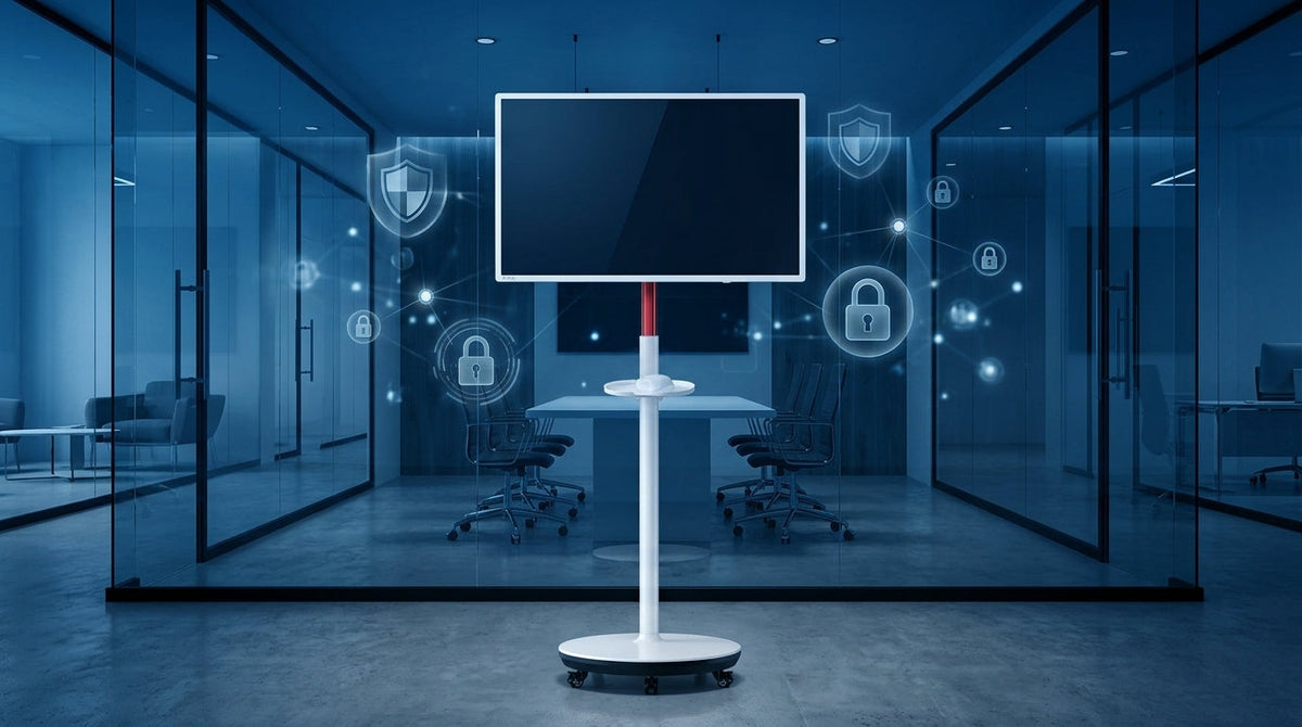 Secure enterprise rolling smart display in a modern 2026 corporate office setting.