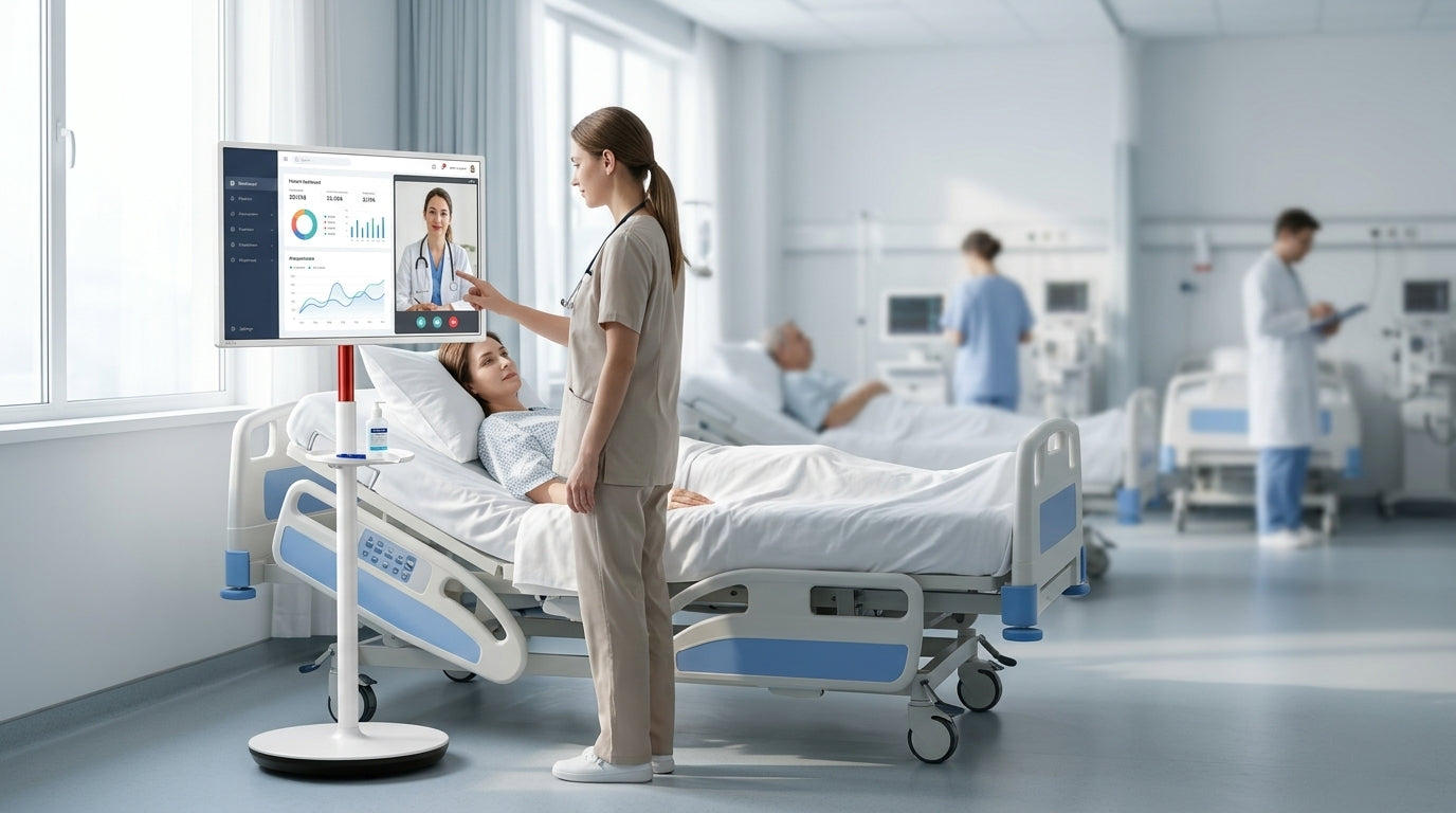 Healthcare professional using a mobile touchscreen monitor at a patient's bedside in a modern hospital room.