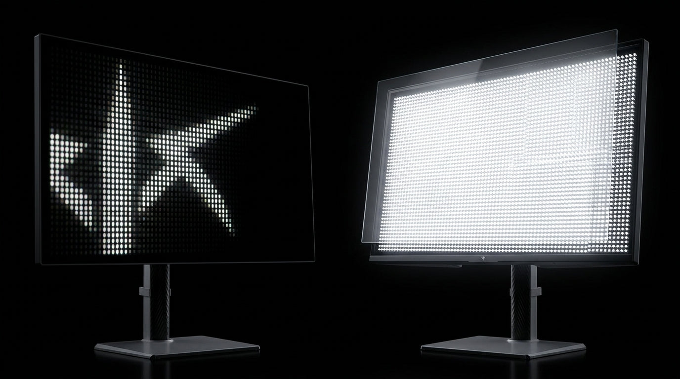 A side-by-side conceptual comparison of a Tandem OLED panel and a high-zone Mini-LED backlight, showing the difference between self-emissive pixels and a dense LED array.