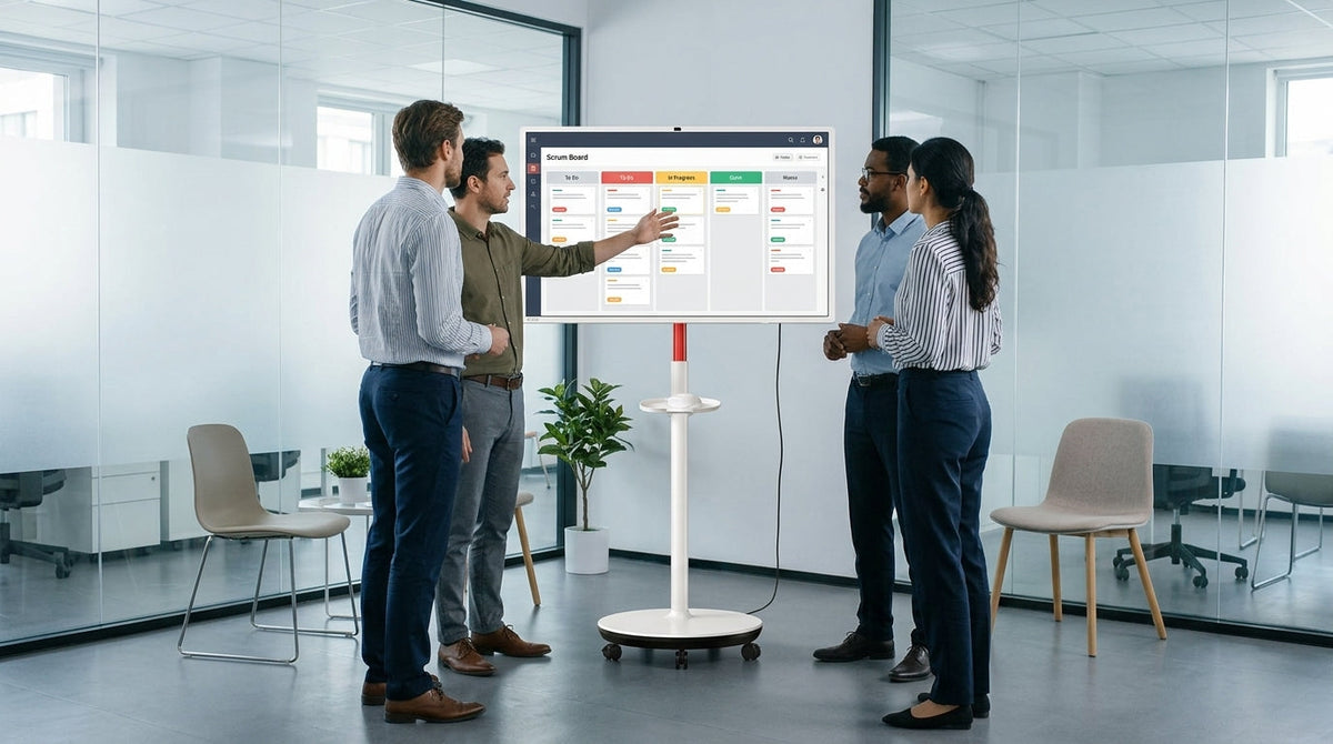 A rolling smart display in a modern huddle room showing a digital agile project management dashboard during a team stand-up meeting.