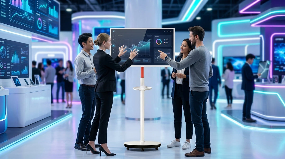 A large mobile touch screen monitor on a sleek rolling stand being used by diverse people in a bright, futuristic 2026 trade show environment.