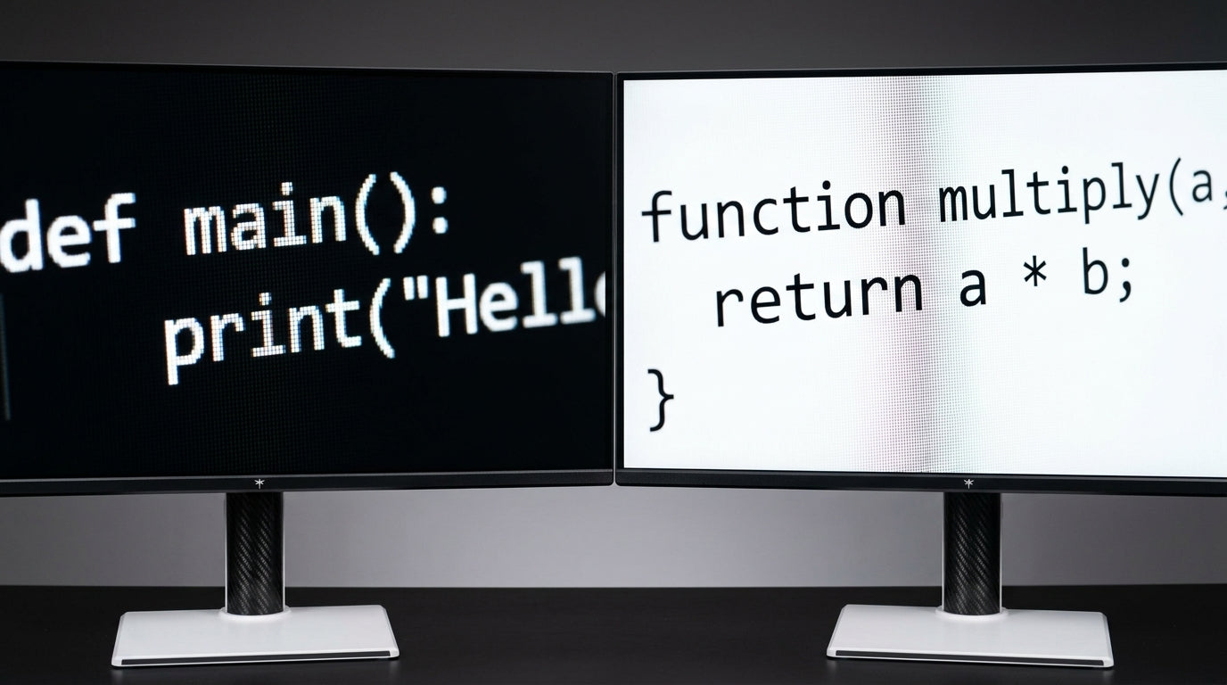 A macro split-screen comparison of text rendering on an OLED panel and a Mini-LED panel, showing sharp code and characters on both dark and light backgrounds to highlight pixel-level clarity.