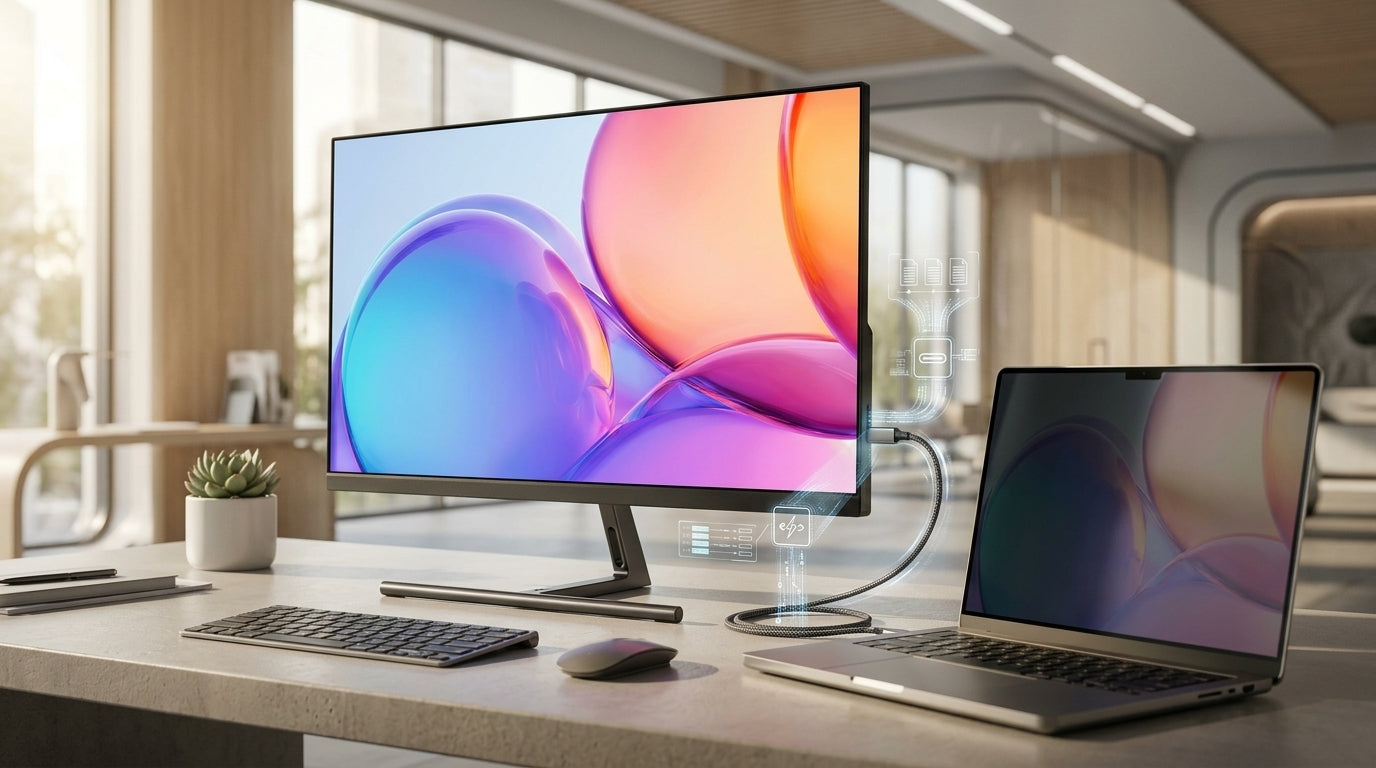 A professional 2026 workstation with a high-end laptop connected to a large monitor via a single USB-C cable, featuring subtle bandwidth flow icons in a modern office.