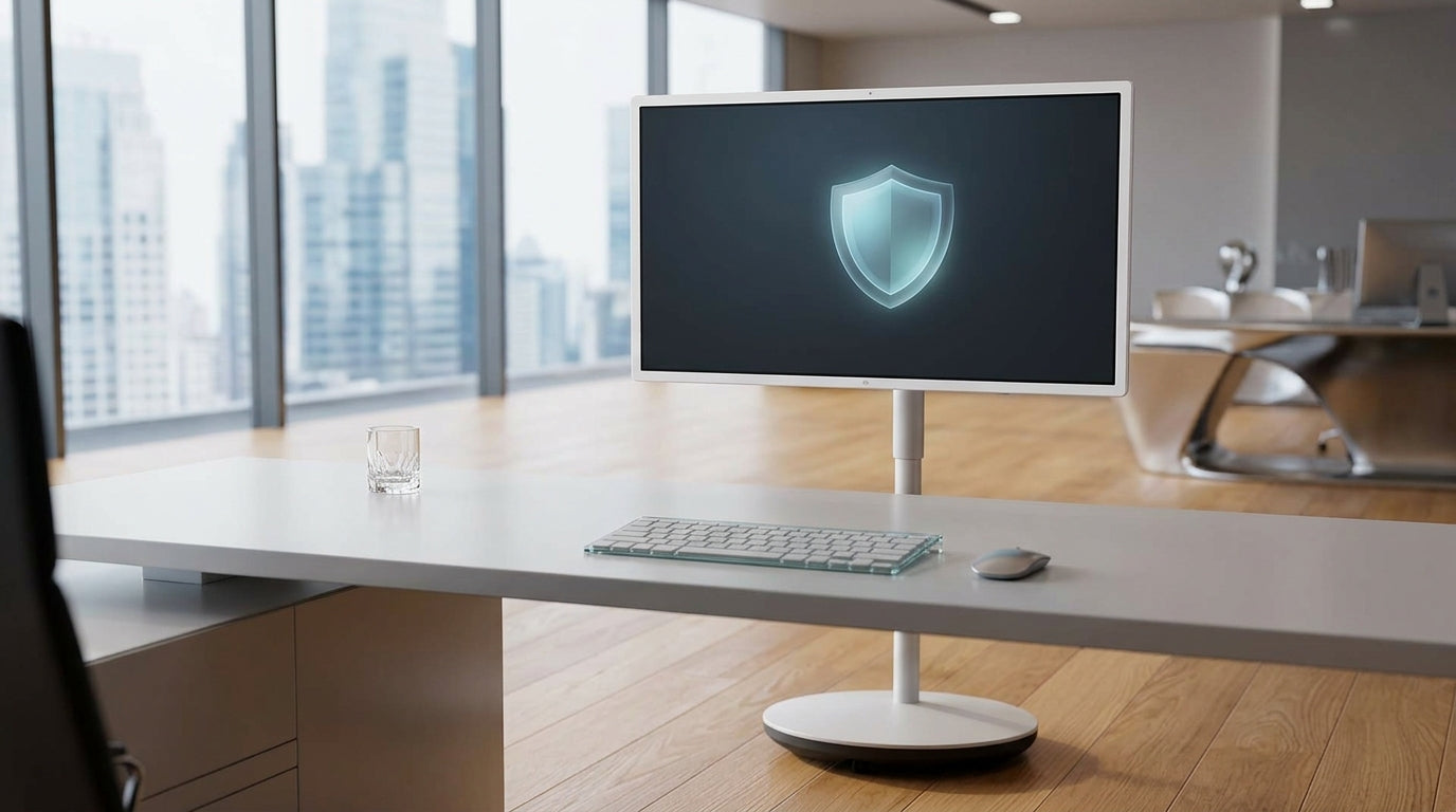 A professional office setting featuring a modern enterprise smart monitor with a subtle, glowing digital security shield overlay on the screen to represent firmware security.