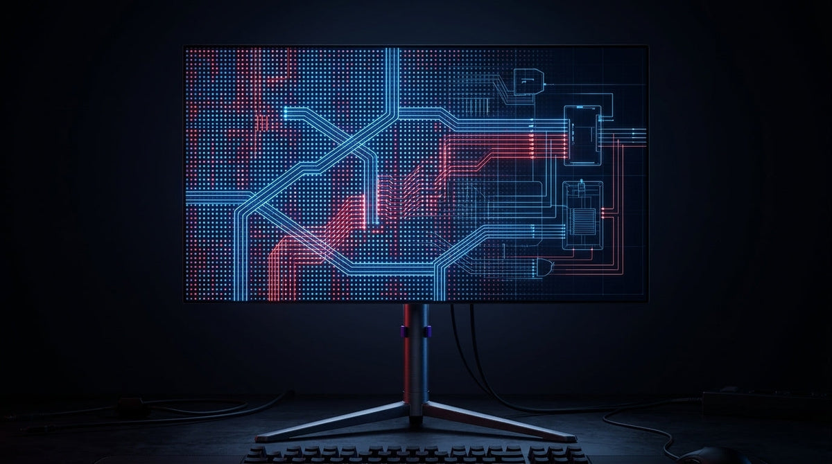 Abstract visualization of OLED pixel shifting and firmware protection layers on a monitor in a dark room.