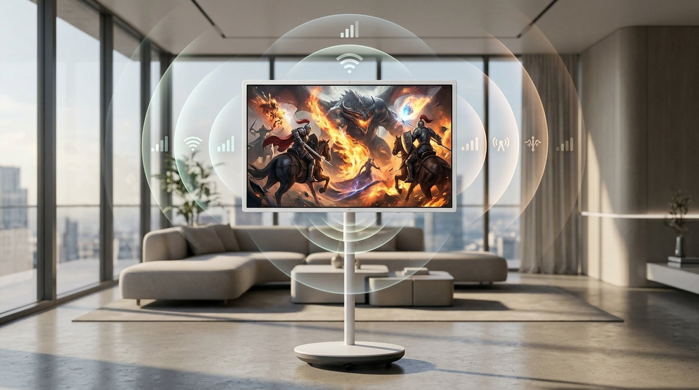 A futuristic rolling smart display in a modern living room showing a smooth cloud gaming session, with subtle multi-band wireless signal icons indicating Wi-Fi 7 MLO connectivity.