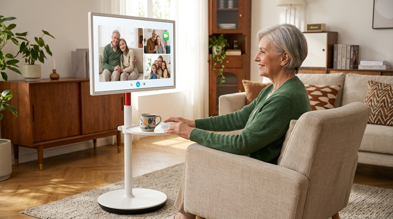 A dignified senior person in a sunlit, cozy living room interacting with a large smart display mounted on a minimalist rolling floor stand.