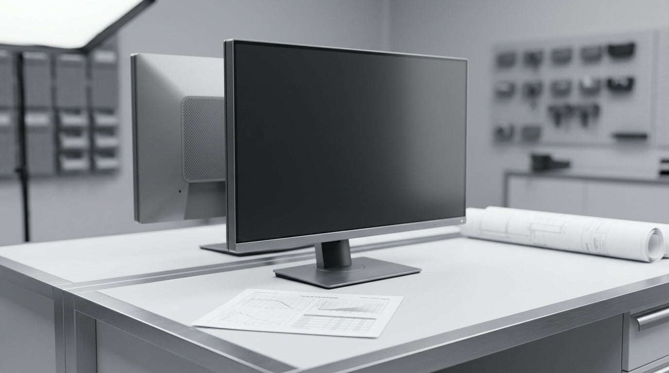 A high-end gaming monitor on a clean workbench with a professional calibration certificate resting in front, symbolizing quality assurance.