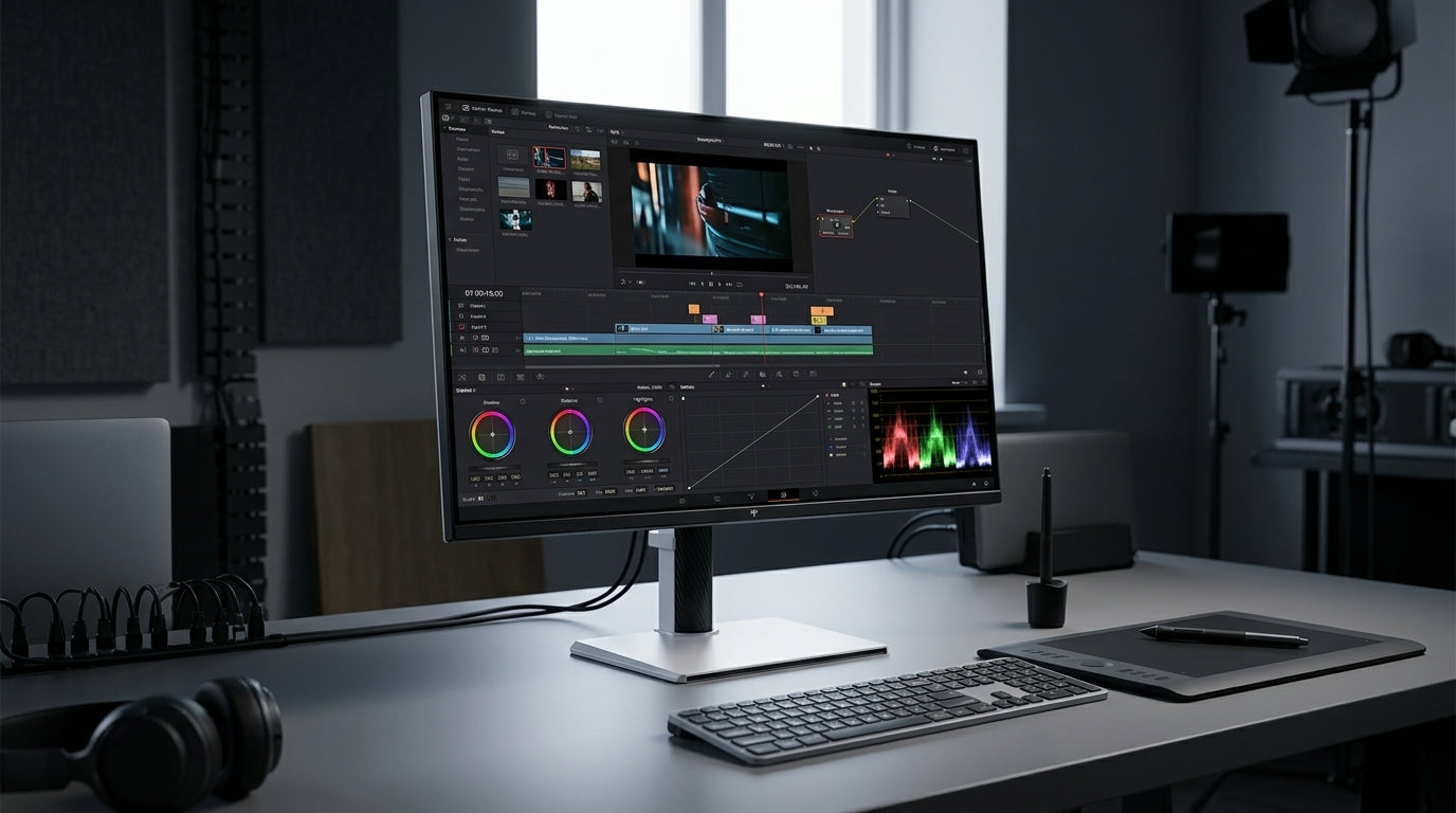 A professional 27-inch Mini-LED monitor on a clean creative workstation, displaying a dark-mode video editing timeline with vibrant HDR highlights, ideal for motion designers on a budget.