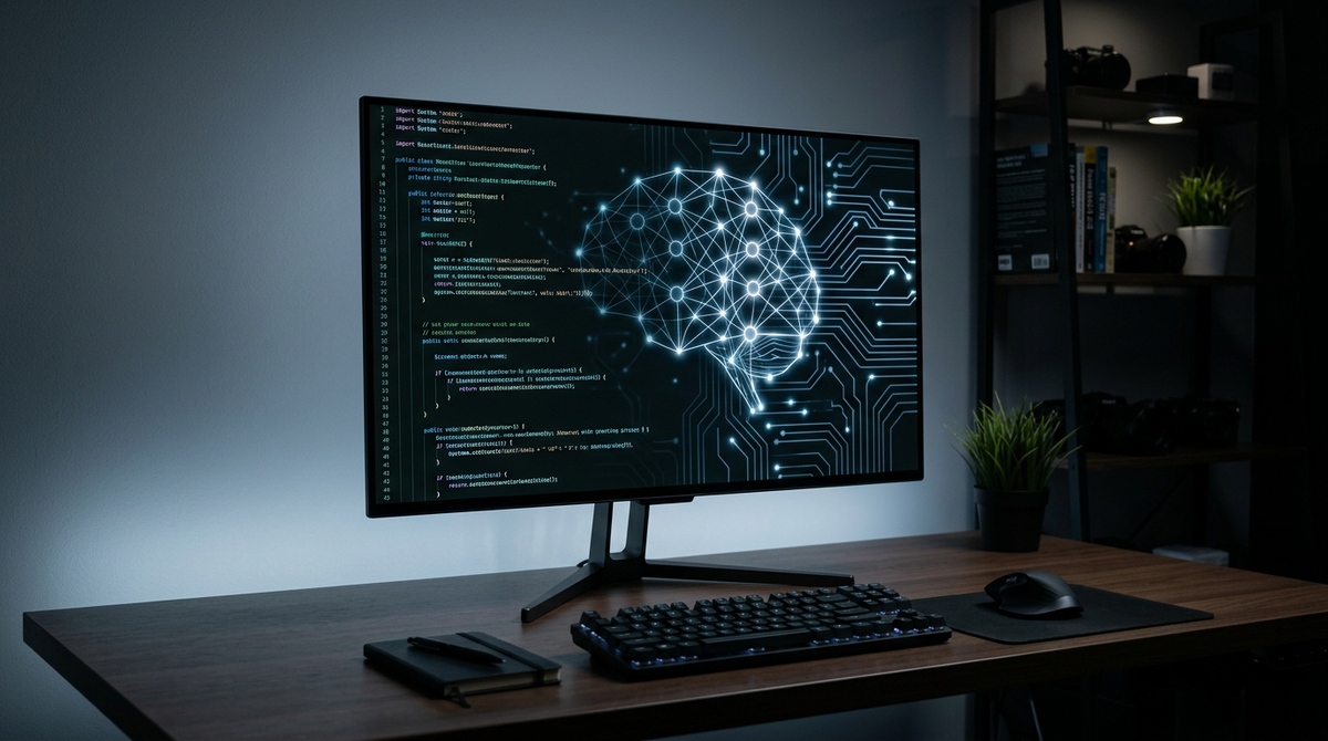 A high-end OLED monitor in a dark professional workspace displaying crisp programming code with a subtle glowing neural network overlay representing AI processing.