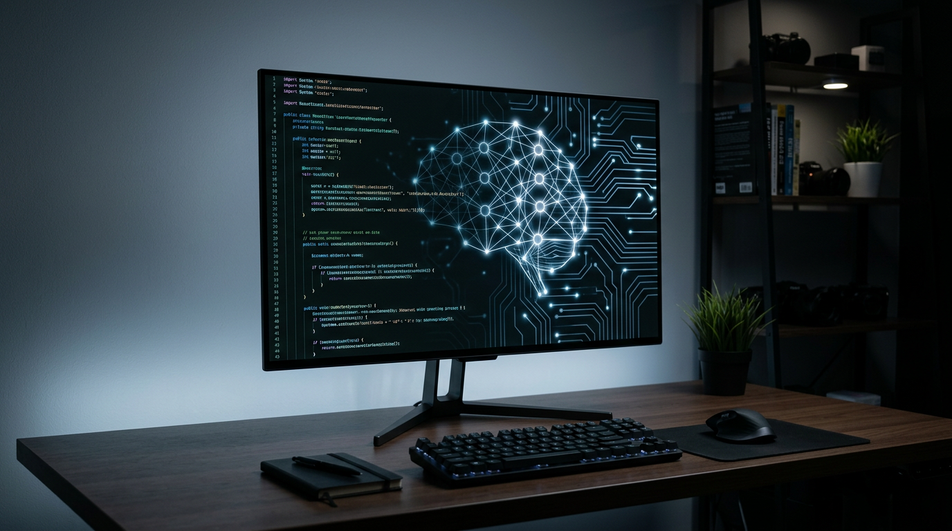 A high-end OLED monitor in a dark professional workspace displaying crisp programming code with a subtle glowing neural network overlay representing AI processing.