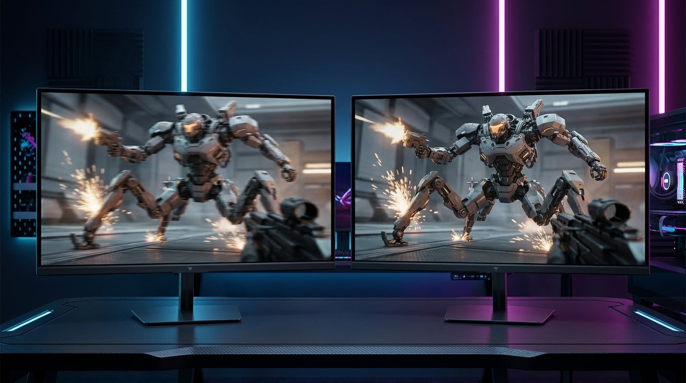 A side-by-side comparison of motion clarity on two gaming monitors, showing the difference between Fast IPS and OLED technology during fast-paced gameplay.