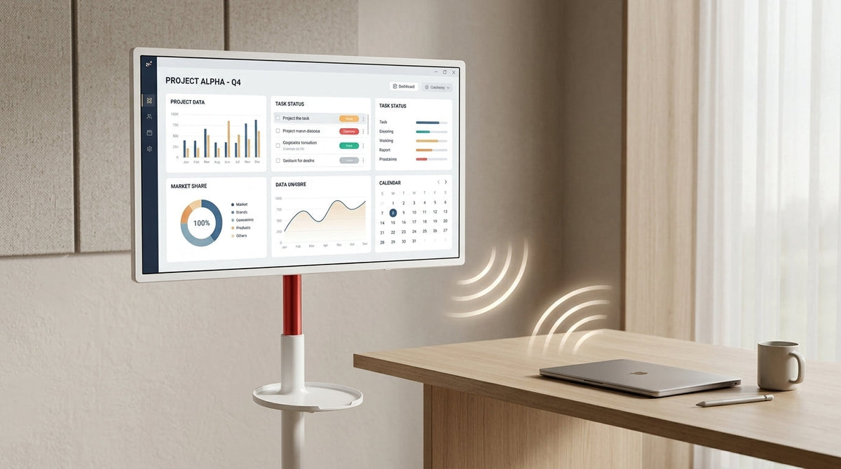 A modern home office setup featuring a smart touch monitor wirelessly casting a productivity screen from a laptop, with subtle icons indicating multi-band wireless stability and no visible cables.