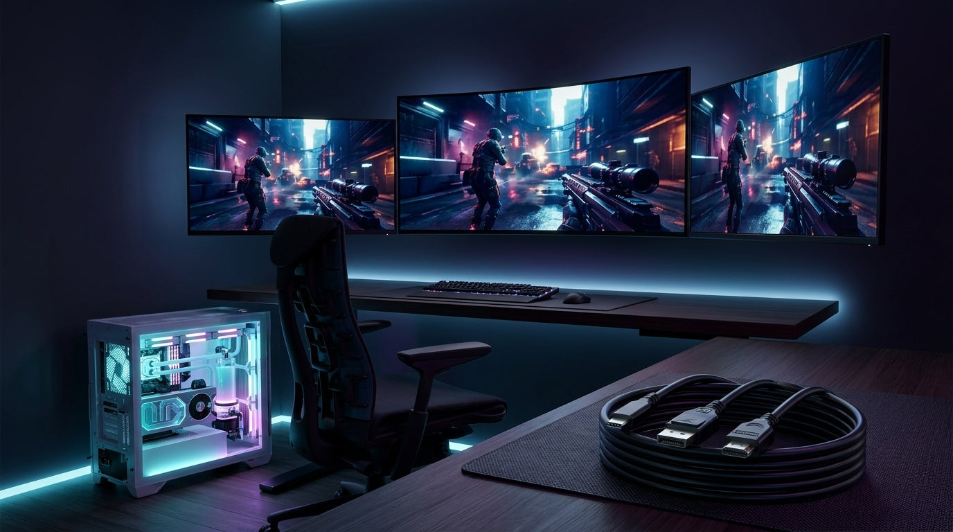 A dramatic high-end gaming station with a multi-monitor setup displaying a sharp 4K game scene, featuring a powerful PC with a visible high-performance graphics card in a futuristic, dark-themed room.
