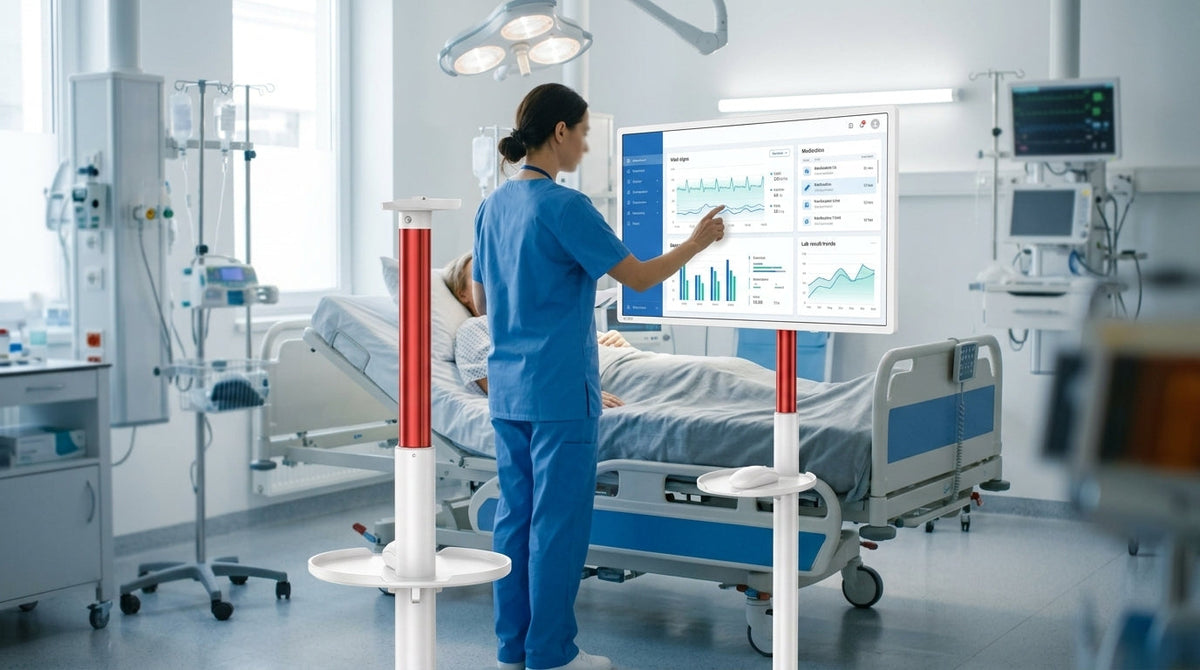 A large mobile smart touch monitor on a wheeled stand being used by a nurse in a modern hospital triage room.