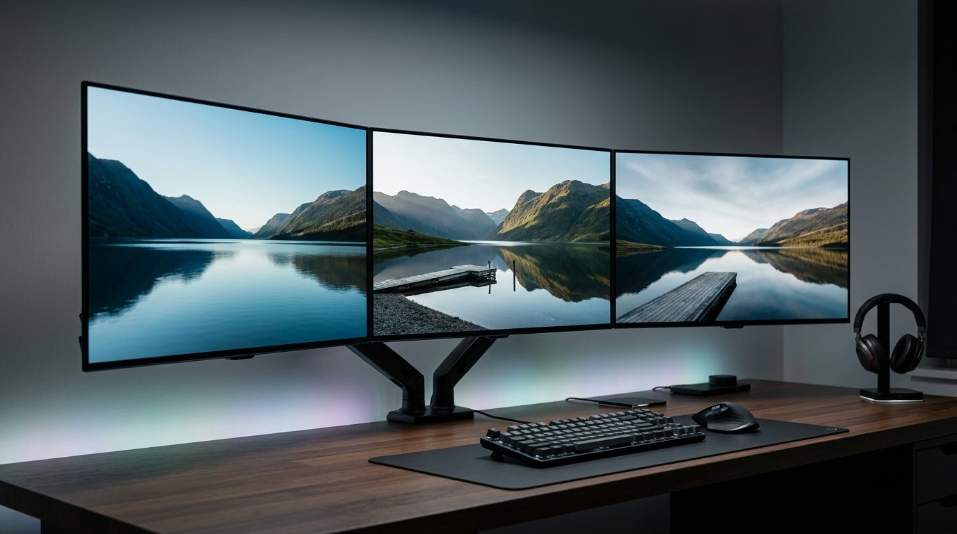 Three 32-inch 4K OLED monitors arranged side-by-side on a sleek, modern desk in a high-end gaming environment with ambient lighting.