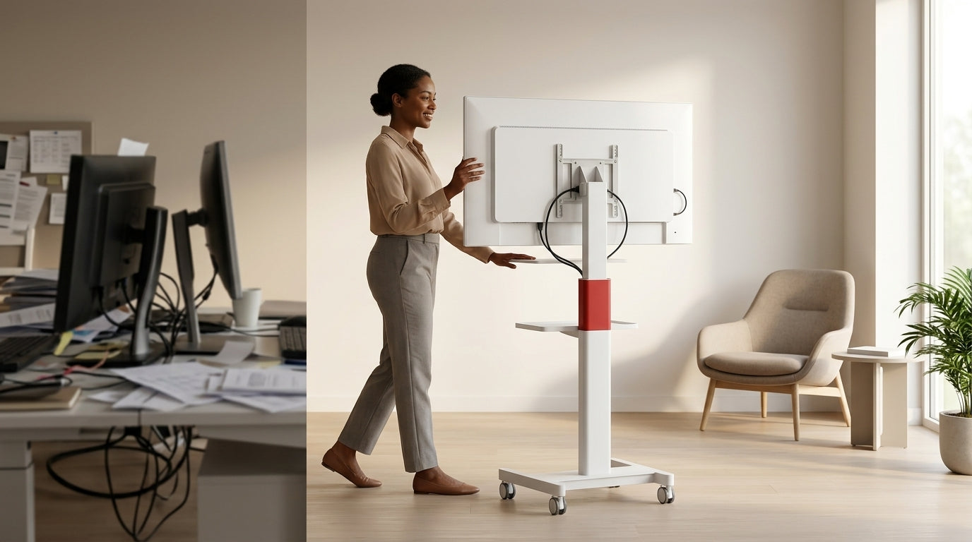 Person moving a mobile smart display to a minimalist office corner for focus.