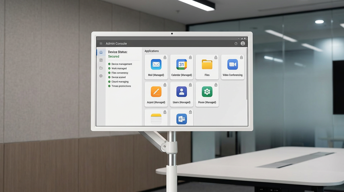 A close-up of a large smart touch monitor in a meeting room showing a secure work profile interface with administrative controls.