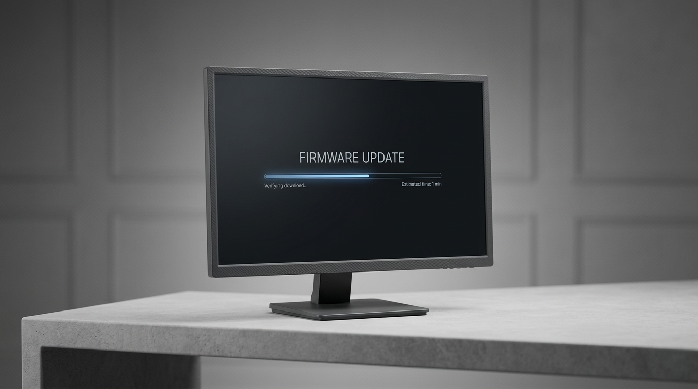 A modern gaming monitor positioned on a clean, minimalist desk, displaying a firmware update progress bar on the screen.