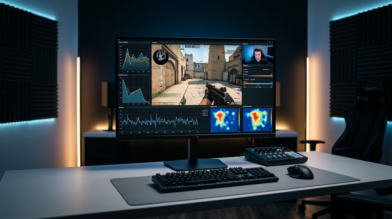 Professional esports coaching workstation featuring a high-refresh rate monitor displaying competitive gameplay and telemetry data for analysis.