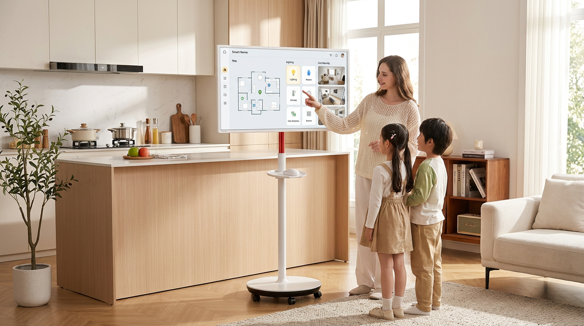 A large 32-inch rolling smart touch display being used as a central home dashboard in a modern, sunlit open-plan kitchen and living room. A family is interacting with the screen which displays smart home controls and a recipe.