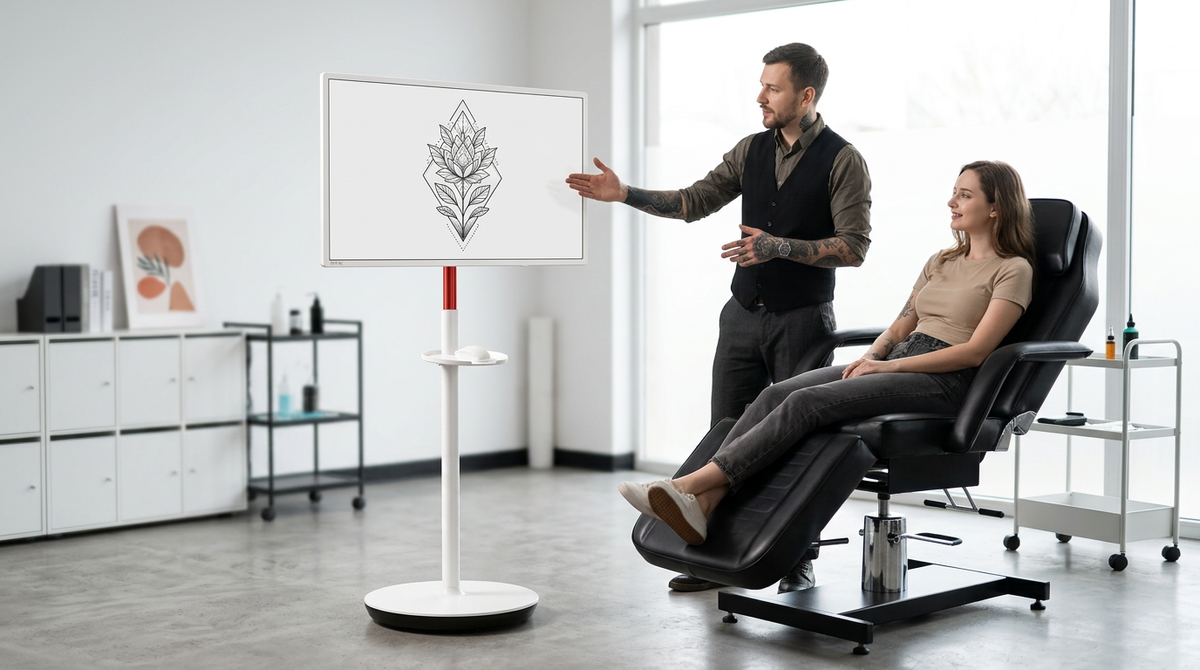 A professional tattoo artist in a modern, clean studio consulting with a client using a 32-inch mobile touchscreen monitor on a rolling stand to review a digital design.