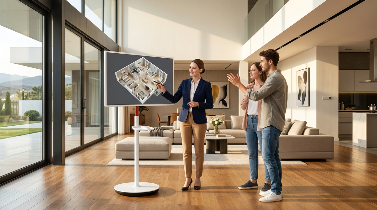 A professional realtor presenting interactive 3D floor plans on a large mobile smart touch display to a couple in a sunlit luxury living room.