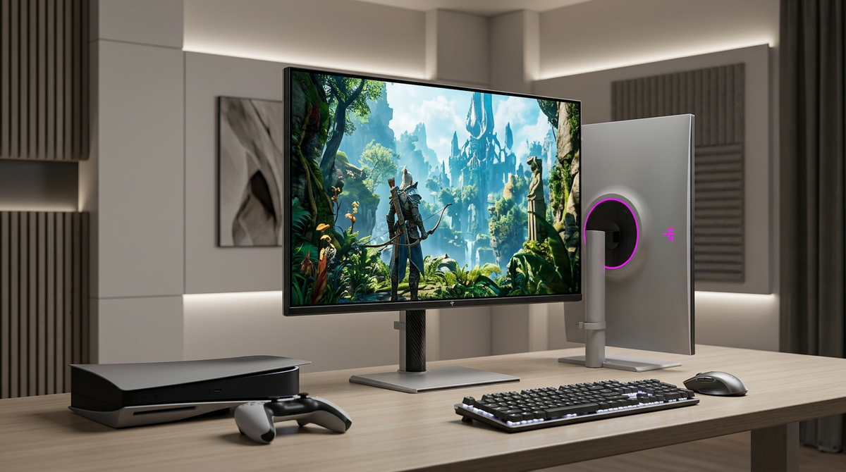 A modern, clean gaming desk setup with a 32-inch 4K monitor displaying a vibrant game scene, accompanied by a game console and controller.