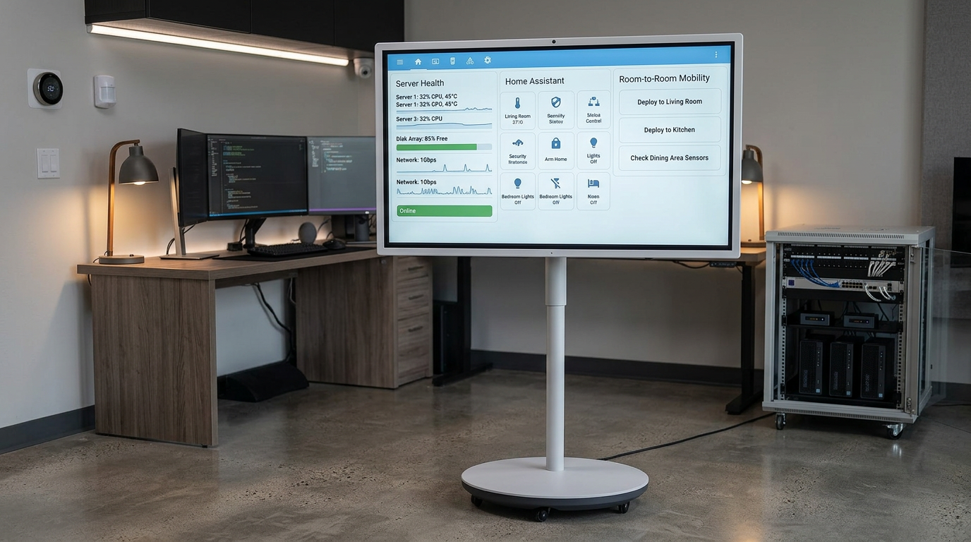 A rolling 32-inch smart touch display used as a home lab dashboard beside networking gear and a workstation