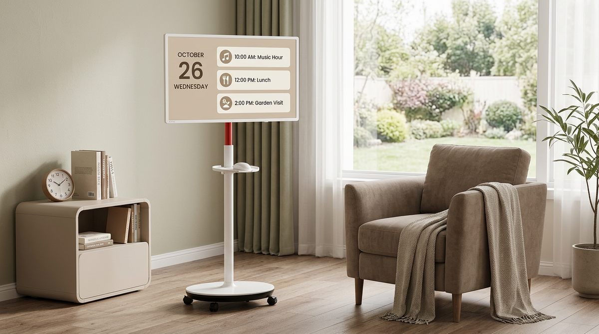 A rolling large-format smart display in a calm memory-care room with simple visual prompts on screen